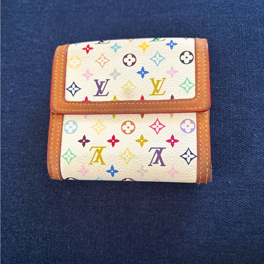 Authentic Louis Vuitton White Murakami Monogram Compact Wallet with Brown Trim